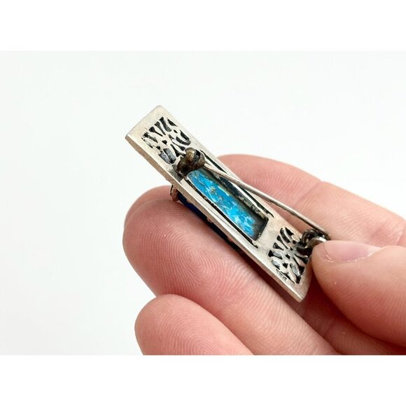 Art Deco Sterling Silver Natural Turquoise Marcasite Double Vintage Brooch Pin - Picture 7 of 10